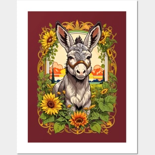 Cute little Donkey in the sunflower field retro vintage design Posters and Art